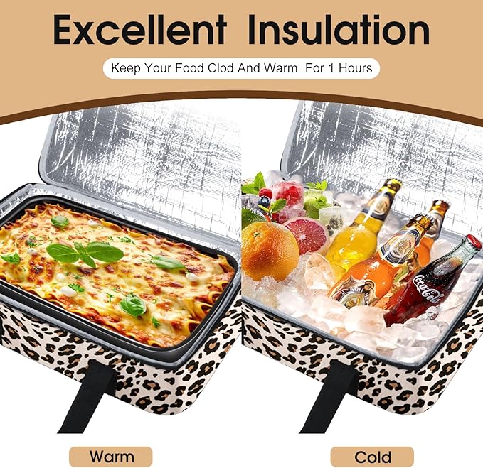 Insulated Casserole Carrier, Portable Casserole Carrier for Hot or Cold Food Lunch Tote Warmer or Cooler Bag, Lasagna Lunch Bag for Potluck Parties- Fits 9" x 13" Baking Dish-Leopard