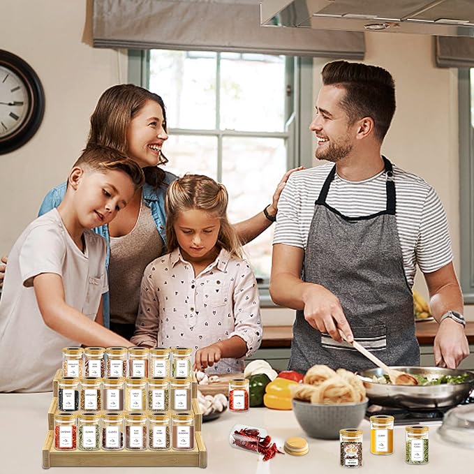 SLifeJars-Spice Jars with Label, 4 oz 24 pcs Spice Containers Glass Jars with Bamboo Lids, Seasoning Containers Bottles, Airtight Empty Glass Jars for Spice Rack,Drawer,Cabinet,Pantry