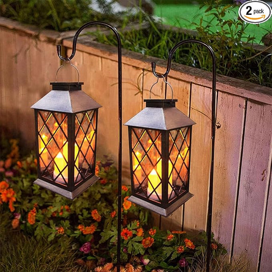 Solar Outdoor Lantern, Garden Hanging Waterproof Lanterns, 3 LED Flickering Flameless Candle, PVC, for Garden Decor Gifts (2 Pack)