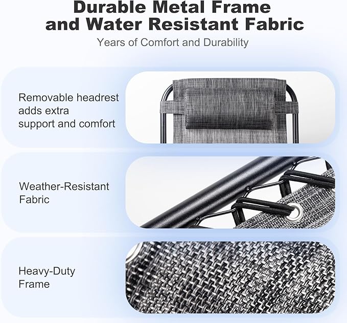 Nazhura Set of 2 Relaxing Recliners Patio Chairs Adjustable Steel Mesh Zero Gravity Lounge Chair Beach Chairs with Pillow and Cup Holder(Grey)