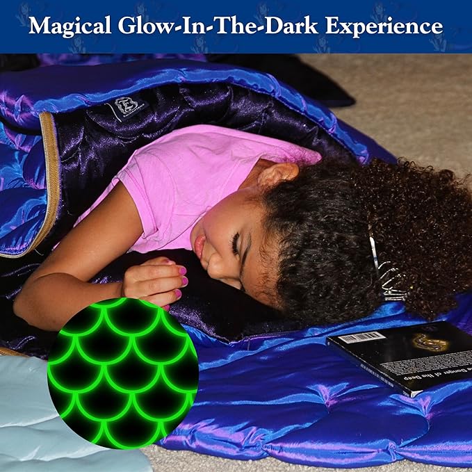 Mermaid Tail Blanket for Kids - 5-Piece Glow in The Dark Girls Slumber Set - Wearable Mermaid Tail Sleeping Bag - Ideal for Sleepovers