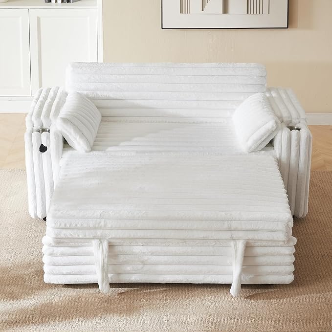 68" Corduroy Convertible Sofa Bed with USB, Storage Armrests & Pillows – 3-in-1 Foldable Sleeper Chair Floor Couch for Living Room, Bedroom, Guest Room (ZY-1109-White)