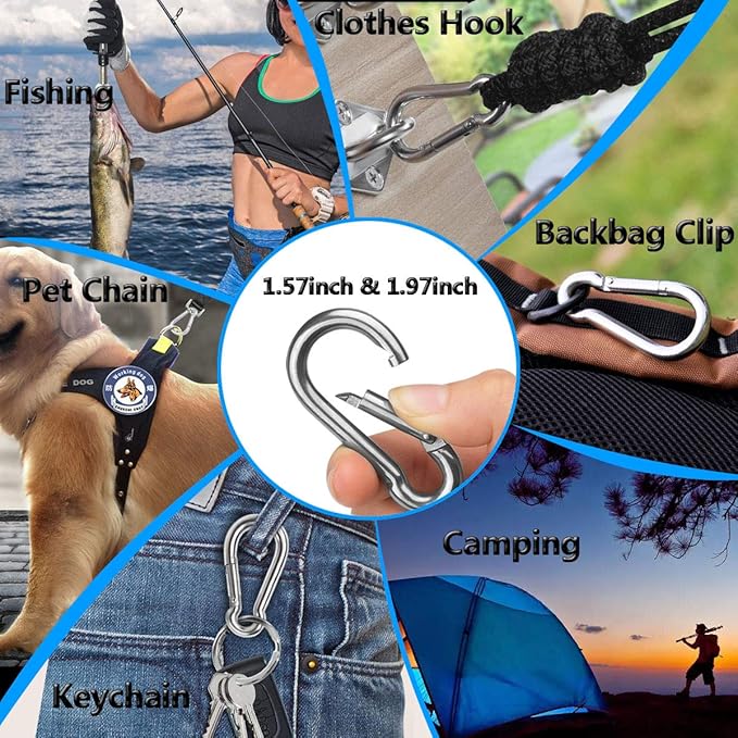 Spring Snap Hooks, 304 Stainless Steel Metal Clip Heavy Duty Rope Connector Small Snap Clamp Key Chain Link Buckle for Hammock Swing Set Outdoor Travel Camping Fishing Hiking