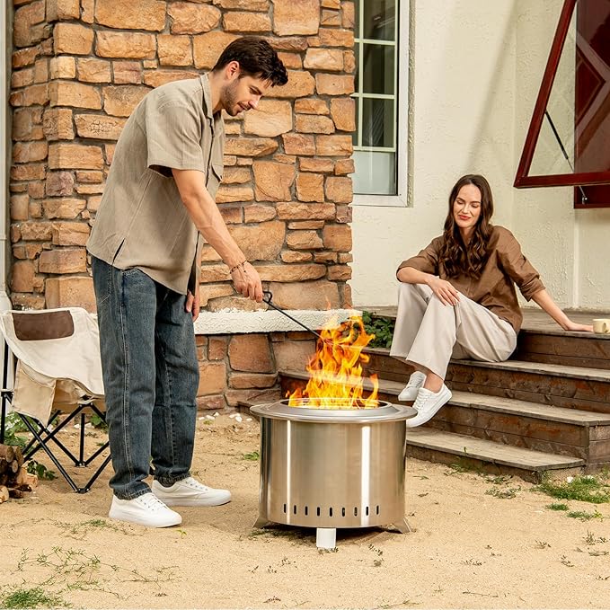 Smokeless Fire Pit,22 Inch Stainless Steel Firepit, Outdoor Wood Burning Fire Pit with Cover,Smokeless Firepits for Outside Backyard Patio Garden Camping Bonfire