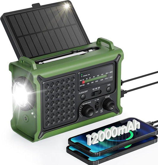 Emergency Weather Radio with Large Solar Panel, Efficient Hand Crank & Real 12000mAh Battery | AM/FM/NOAA Bands, LED Flashlight, Reading Lamp, SOS Alarm & Phone Charger for Camping & Emergencies
