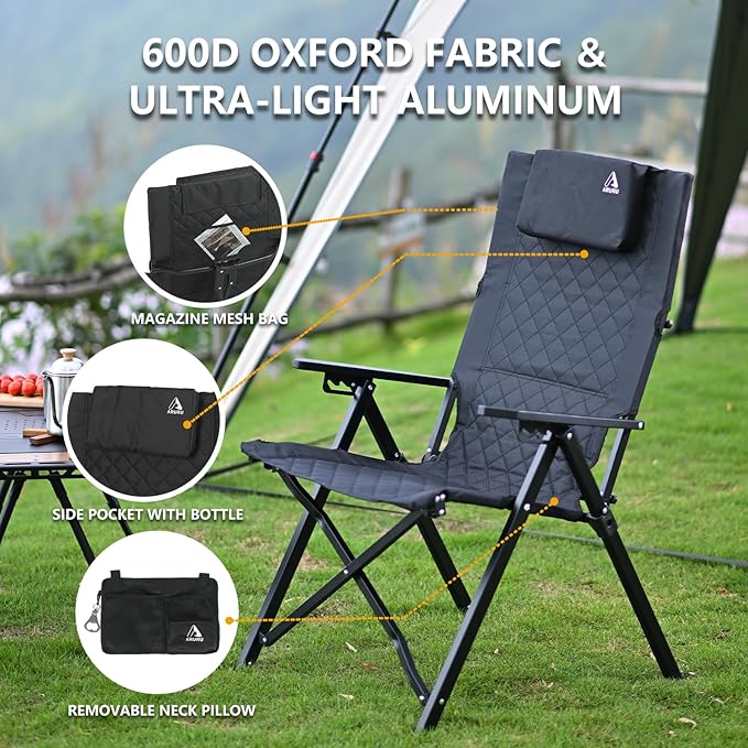 Reclining Camping Chair, Heavy Duty Folding Chairs with 4-Stage Adjustable High Back for Adults, Compact Foldable Outdoor Patio Reclining Chair with Storage Bag (Cyan)