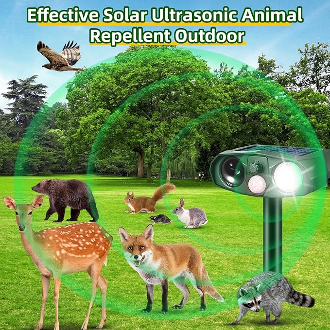 4Pack Solar Ultrasonic Cat Repellent Outdoor Animal Repellent with Flash Light&USB Charge Waterproof Animal Deterrent Devices Deer Repellent Devices for Rabbit Squirrel Skunk Repellent for Yard