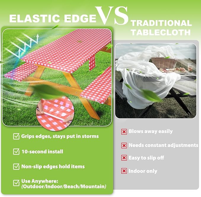 Fitted Picnic Table Cover with Bench Covers Waterproof Elastic Edges Rectangle Patio Tablecloth Outdoor Camping Essentials Stuff Rv Accessories Summer Trip Travel Supplies Party Camper Gifts, 8 ft