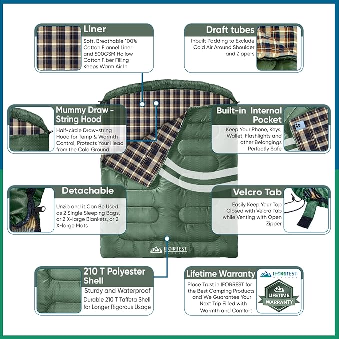 IFORREST Cotton Flannel Double Sleeping Bag for Adults - 2-Person 10°F Cold Weather Camping Bed - Extra-Wide & Warm Queen-Size XXL