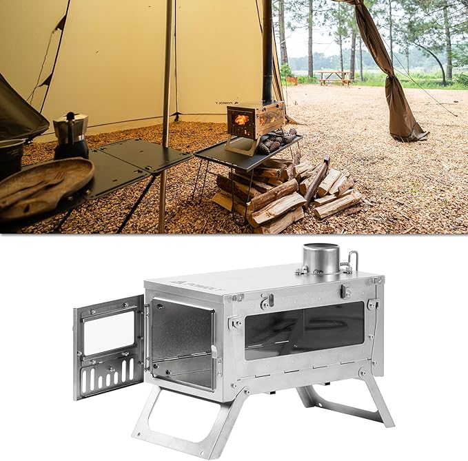 Camping Hot Tent Stove Wood Stove, POMOLY Ti Mini 0.6 Portable Lightweight Titanium Stove for Hiking, Cooking, Heating (Stove Pipe 6.56ft / 2m), Small, Slivery
