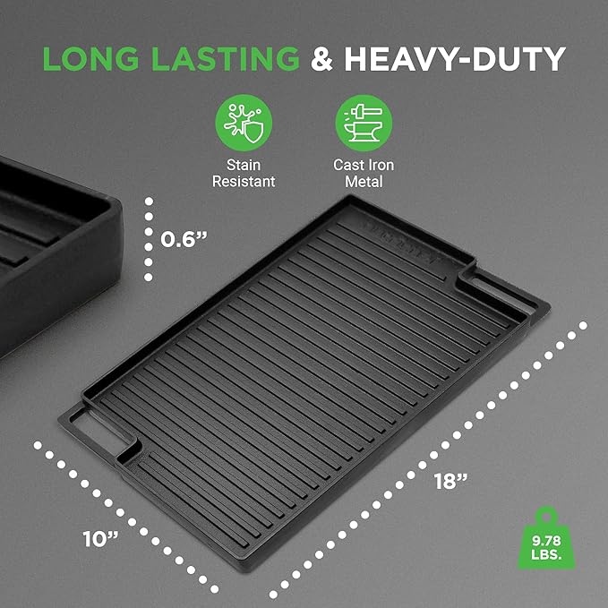 NutriChef Cast Iron Reversible Grill Plate – 18 Inch Flat & Ridged Skillet Griddle Pan, Fits Two Burners, for Gas, Electric, Ceramic Stovetops, with Silicone Oven Mitt