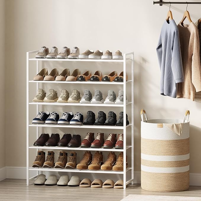 Shoe Rack, Metal Shoe Organizer, 6 Tier Garage Shoe Rack Max Holds 30 Pairs,Shoe Storage Shelf for Closet,Entryway,White