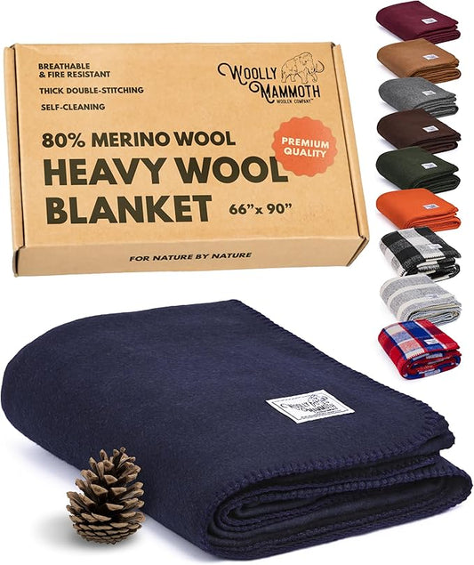 Woolly Mammoth Woolen Company Merino Wool Camping Blanket - 66 x 90 in - Navy Blue - Heavyweight Insulated Outdoor Throw Blanket for Camping & Hiking & Backpacking