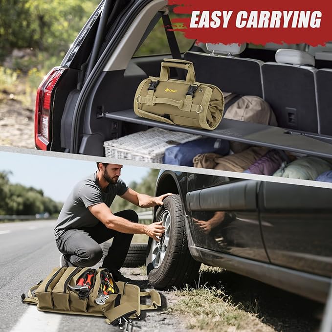 Tool Bag Roll Up, UUP Heavy Duty Rolled Empty Tool Storage Organization, Portable Foldable Rollup Organizer with 2 Small Pouches, Rollable Carrying Toolbag, Dad Men Mechanic Birthday Gifts, Khaki