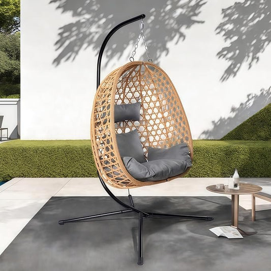 Hanging Egg Chair with Stand, Patio Wicker Swing Chair, Hammock Style with 350LBS Capacity for Bedroom, Balcony, or Garden (Yellow-Grey)