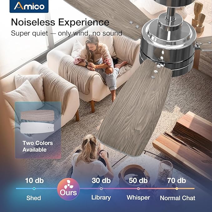Amico Ceiling Fans with Lights, 44 inch Nickel Ceiling Fan with Light and Remote Control, Reversible, 3CCT, Dimmable, Noiseless, Small Ceiling Fan for Bedroom, Farmhouse, Indoor/Outdoor Use