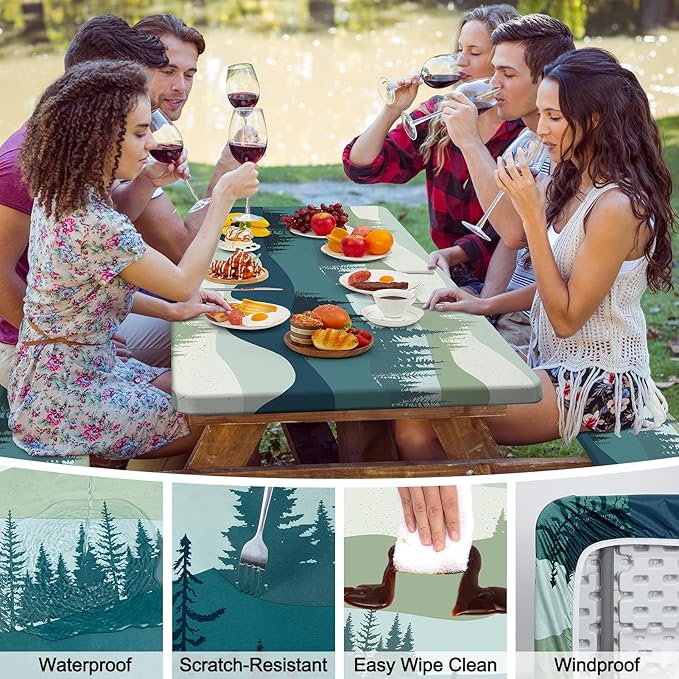 Picnic Table Cover with Bench Covers Camping Tablecloth with Storage Bag Windproof Waterproof Picnic Table Covers with Elastic for Camping