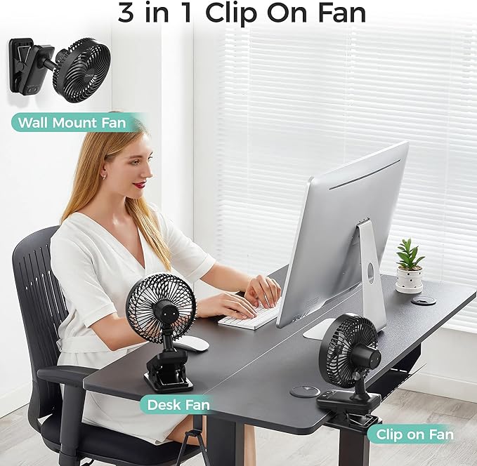 7-Inch Clip On Fan,10000mAh Rechargeable Battery Operated Desk Fan,Auto Oscillation Stroller Fan,Max 40Hrs Cooling,4 Speeds Table Fan with Sturdy Clamp for Golf Cart Office Treadmill Travel Outdoor
