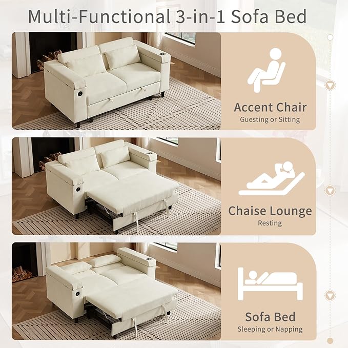 66" Multi-Functional Pull-Out Sofa Bed with Hidden Side Table, Storage Armrests, Built-in Charging Port, Spring Mattress, Solid Wood Frame – Ideal for Small Spaces, Easy Assembly