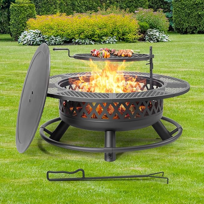 42 Inch Outdoor Fire Pit with Grill, Large Firepit Table for Outside, Metal Round Firepits with Lid&Fire Poker,3 in 1 Wood Burning Fire Pits & Outdoor Fireplaces for Backyard,Patio(42'' Black)