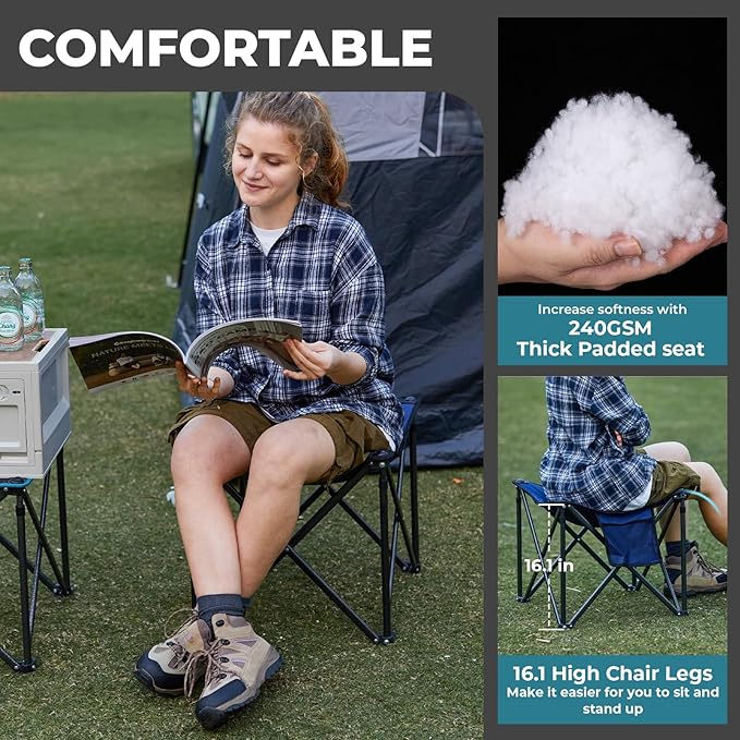 FUNDANGO Folding Camping Stool, 2 Pack 18.1 Inch Oversized Foot Rest 440 Lbs Heavy Duty Portable Padded Stools Seat Anti-Slip Foots & Carry Strap for Fishing Outdoor Lawn Travel (Blue)