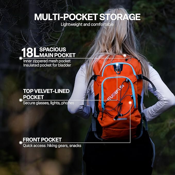 Everfun Hydration Backpack 18L with Water Bladder 2L/3L Hiking Water Backpack Women Men Hydration Pack Insulated Lightweight Day Hydropack with Storage for Hiking, Biking, Running, Festival
