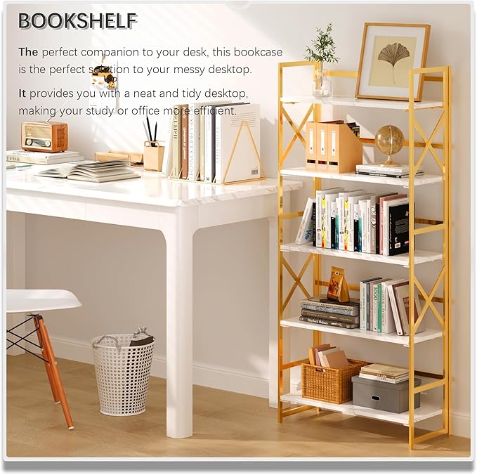 4NM 5 Tiers No Assembly Book Shelves, 51.2" H Folding Bookshelf Bookcase Open Industrial Foldable Shelves for Bedroom, Living Room, Home Office - White Gold