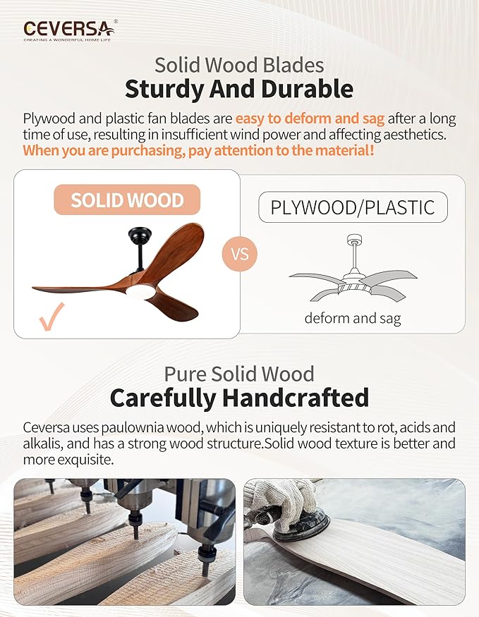 52 Inch Ceiling Fans with Lights and Remote, 3 Blades Outdoor Wood Ceiling Fan, Quiet Noiseless DC Motor, Modern Propeller Rustic Ceiing Fan for Farmhouse, Living Room, Bedroom, Indoor, Walnut