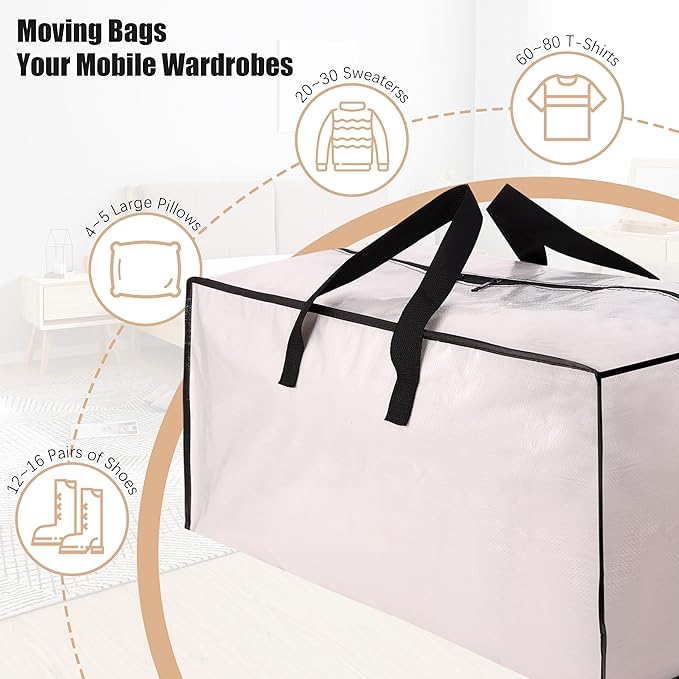 Heavy Duty Moving Bags with Backpack Straps and Strong Handles, Alternative to Moving Boxes and Storage Totes for Dorm Room Essentials, 6 Pack, Clear
