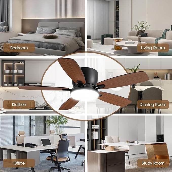 Ceiling Fans with Lights, 44" Low Profile Ceiling Fan with Light Remote Control, 6 Speed 35dB Ultra Quiet Smart Ceiling Fan with Reversible DC Motor, Dimmable 3CCT LED for Bedroom/Living Room (Black)