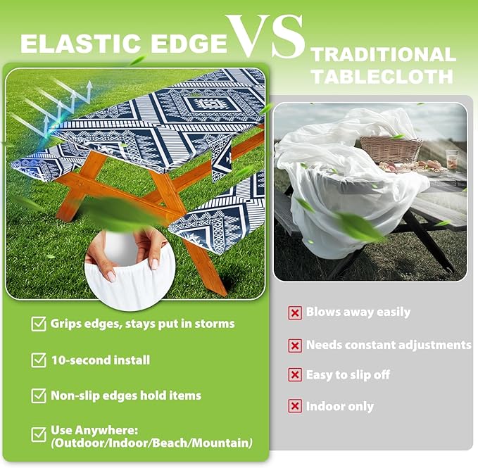 Fitted Picnic Table Cover with Bench Covers Waterproof Elastic Edges Rectangle Patio Tablecloth Outdoor Camping Essentials Stuff Rv Accessories Summer Trip Travel Camper Gifts for Woman Men, 72in 6 ft