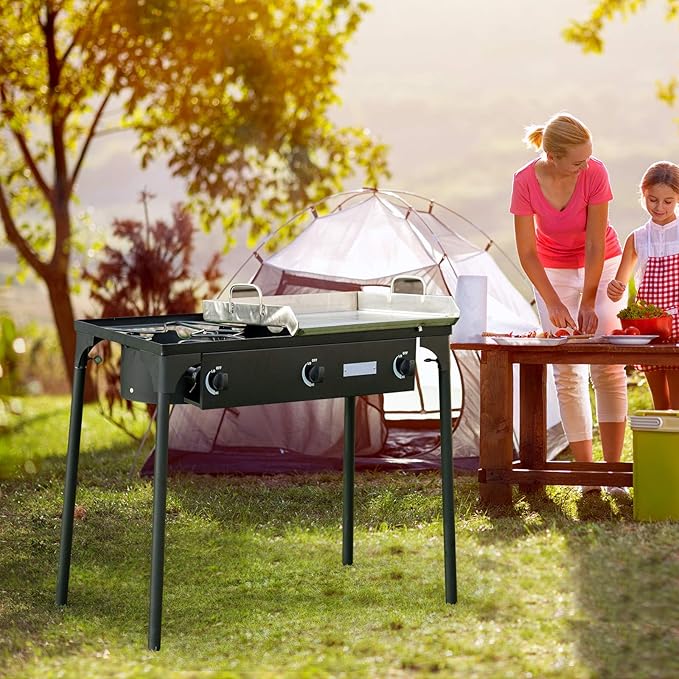 Happygrill Camping Stove Outdoor, High Pressure 3 Burner Propane Gas Camp Stove w/Detachable Legs, 225,000-BTU Output, 0-20 PSI Regulator, Portable Camping Burner Picnic Cookout