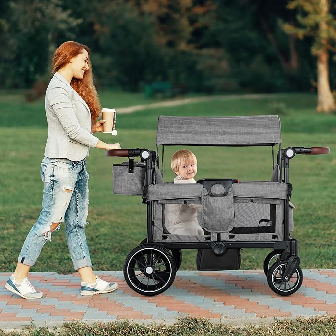 Wagon Stroller for 2 Kids, Foldable Kids Wagon Cart Featuring with Harnesses, Adjustable Double Push Handle, Removable Canopy, Snack Tray, Large Storage Bag, Gray