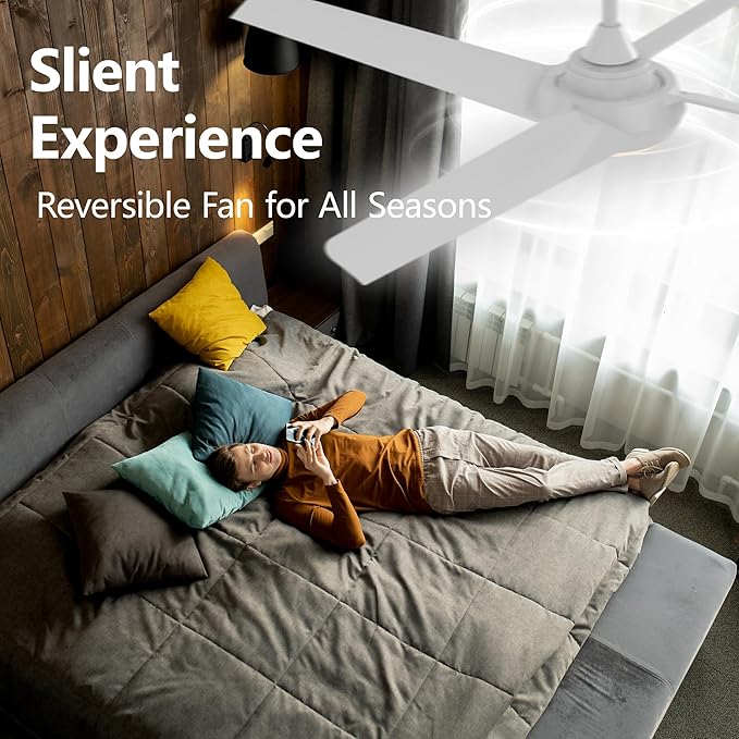 52 Inch Ceiling Fan with Light and Remote, 4 Blades, Quiet DC Motor, Reversible Fan with Dimmable LED Light, for Bedroom Living Room (White)