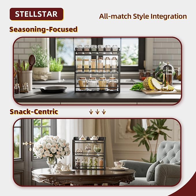 Bamboo Spice Rack Wall Mount or Tabletop Holder, 3-Tier Shelf for Seasoning Bottles Organizer, Medicine Holder (Black)