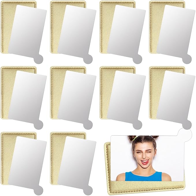 Jetec 10 Pieces Pocket Compact Mirrors Mini Mirror for Purse Wallet Small Handheld Stainless Steel Unbreakable with PU Leather Case for Men Women Travel Camp Signal Makeup(Gold)