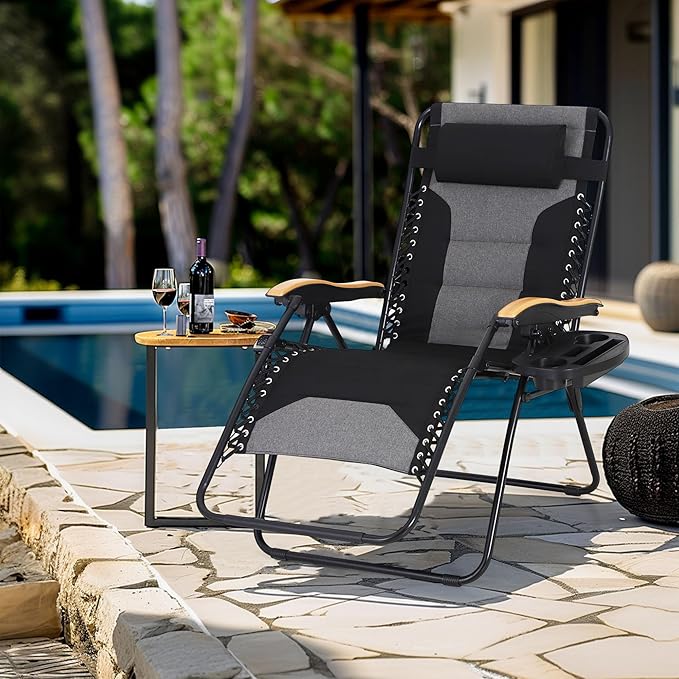 MFSTUDIO Zero Gravity Chairs, Oversized Patio Recliner Chair, Padded Folding Lawn Chair with Cup Holder Tray, Support 400lbs, Black