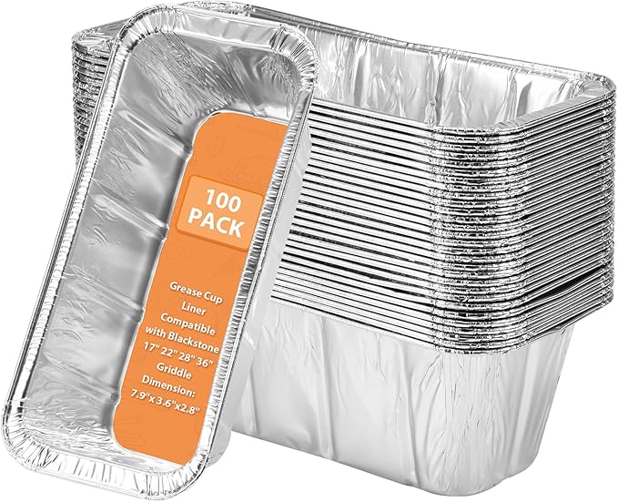 EWFEN 100 Pack Blackstone Griddle Accessories Grease Catcher Cup Liners, Aluminum Foil Drip Pan Disposable for 17" 22" 28" 36" Blackstone Griddle Drip Tray Holder Grill Rear Grease Cup Liners