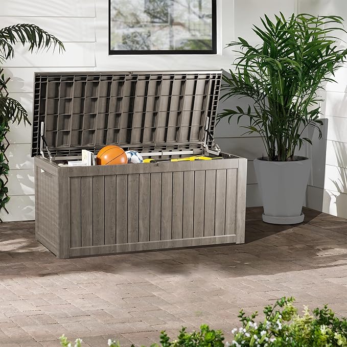 200 Gallon Lockable Resin Deck Box, Waterproof & UV-Resistant Outdoor Storage Box for Outdoor Cushion Storage, Garden Tools & Pool Accessories Storage, Gray