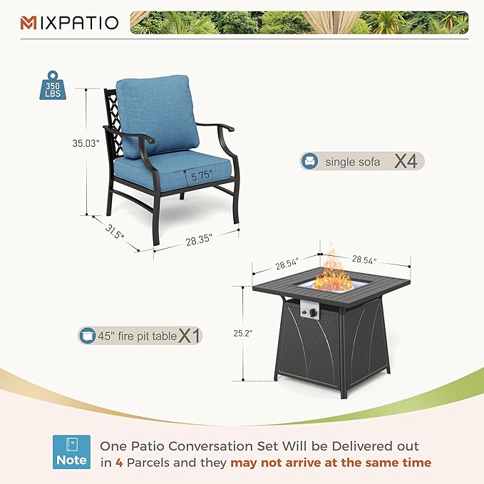 Patio Furniture Set with Fire Pit Table, 5 Pcs Metal Outdoor Conversation Set, 4 Single Chairs with 5.75" Extra Thick Cushion and 28" Fire Pit Table for Backyard Deck, Navy Blue