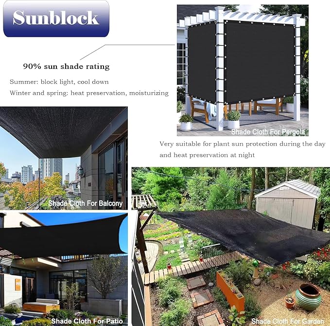 8x15 Ft Shade Cloth for Garden, 90% Black Sun Shade Fabric with Grommets for Plants Heat Protection, Outdoor Sunblock Mesh Cover for Greenhouse, Balcony, Deck, Porch, Carport, Pool