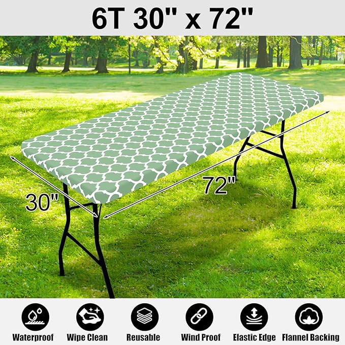 Smiry Rectangle Picnic Table Cover, Waterproof Elastic Fitted Camping Tablecloths for 6 Foot Tables, Wipeable Flannel Backed Vinyl Tablecloth Protector for Indoor, Outdoor (Sage Green, 30x72 Inches)