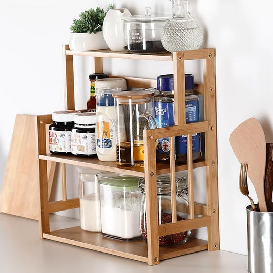 Bamboo Spice Rack Kitchen Countertop Organizer Storage Shelves-3 tier Standing Pantry Shelf with Adjustable Shelf