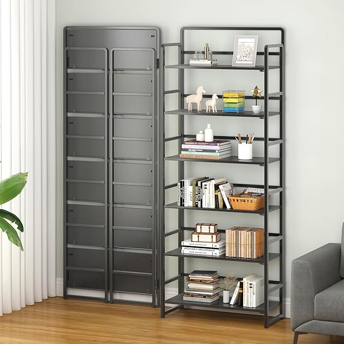 4NM No-Assembly 6 Tiers Folding Bookshelf Storage Shelves Vintage Bookcase Standing Racks Study Organizer Home Office (All Black)