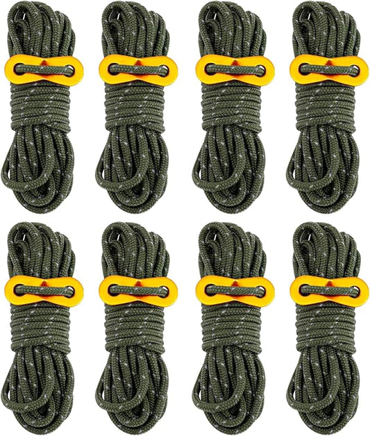 8 Pack 4mm Guy Lines Ultralight Tent Cords with Aluminum Adjuster Tensioner Outdoor Camping Guylines Ropes for Tent Tarp,Climbing,Hiking Backpacking (Army-Green)