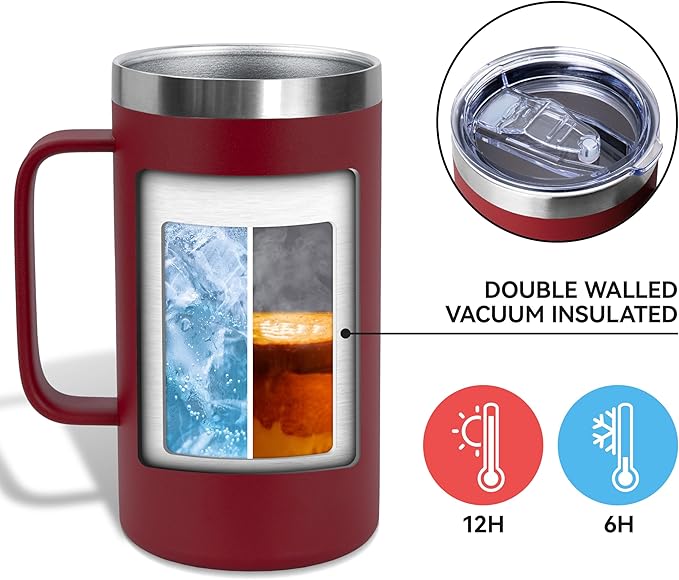 DOMICARE 24oz Mug with Handle and Lid, Stainless Steel Coffee Mug, Reusable Insulated Cup, Travel Mug with Handle, Double Wall Vacuum Coffee Tumbler for Men and Women, Dark Red, Pack 1