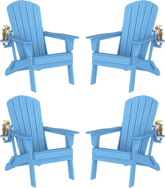 Folding Adirondack Chair Set of 4 with Cup Holder, SGS Tested, HDPE Heavy All-Weather,Wooden Textured,Backyard Fire Pit, Light Blue