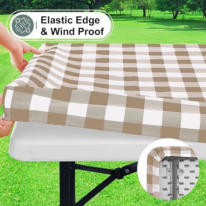 misaya Buffalo Rectangle Picnic Tablecloth, 8 Foot Elastic Fitted Vinyl Table Cloth with Flannel Backing, Waterproof Plaid Table Covers for Dining, Camping, Outdoor (Khaki and White, 30" x 96")