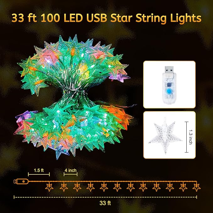 Minetom USB Star String Lights - 33 ft 100 LED Color Changing Star Fairy Lights with Remote and Timer, 16 Single Colors and 7 Modes Starry Lights for Bedroom Dorm Tent Bed Patio Christmas Party Indoor