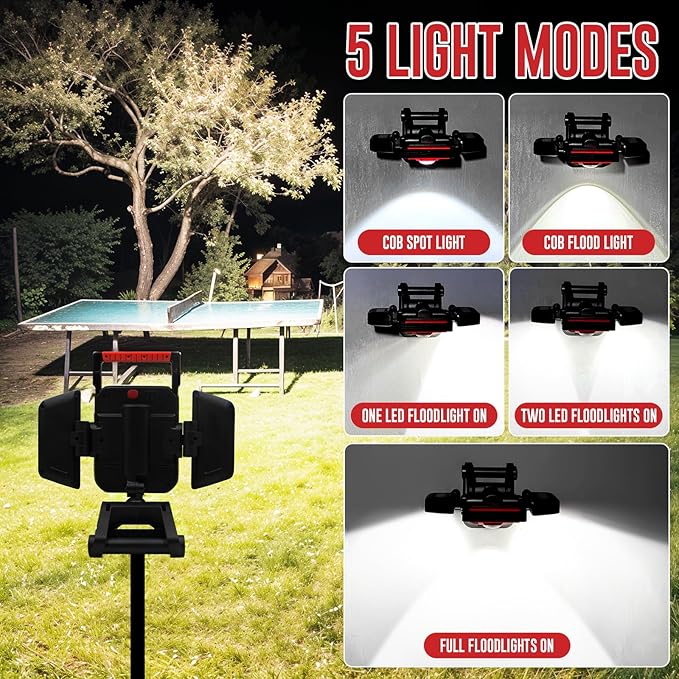 SYLSTAR 40W Rechargeable Work Light, 4000LM Magnetic Work Light with Foldable&360° Rotatable Floodlights, Big Clamp, 5 Light Modes, Portable Work Lights for Jobsite Workshop Car Repairing
